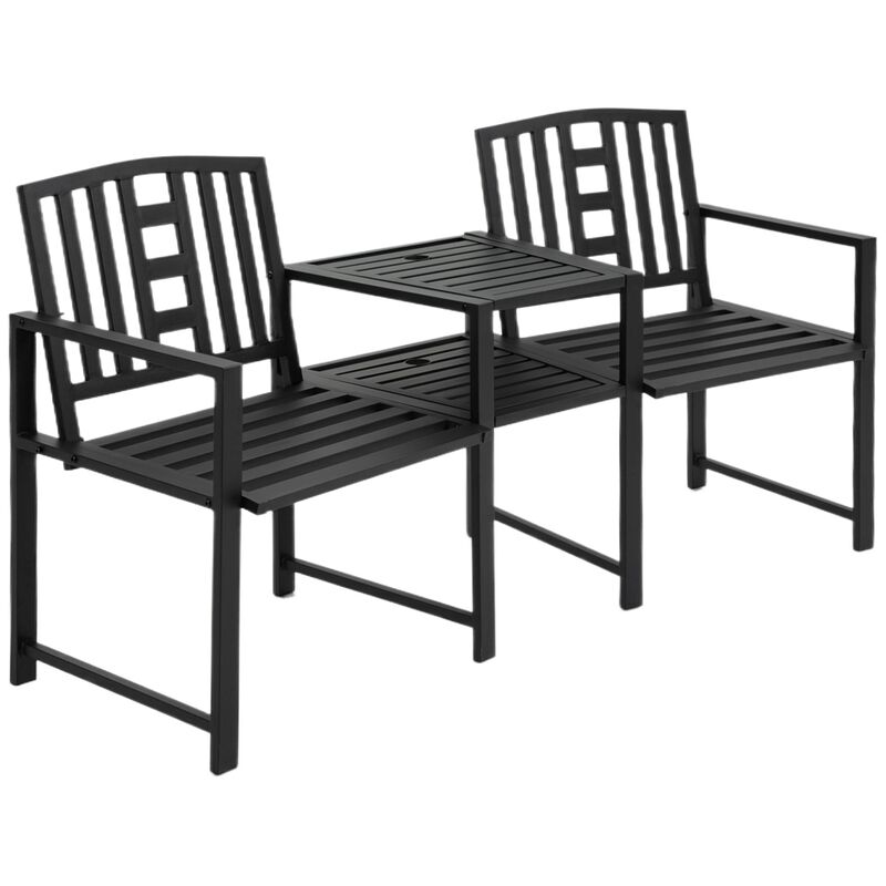 Metal Garden Seating: Loveseat Bench with Table and Umbrella Hole