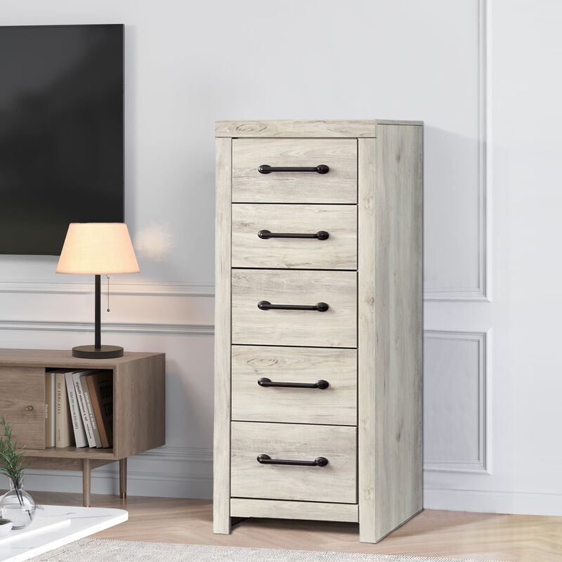 Grained 5 Drawer Wooden Chest with Bar Pull Handles, Distressed White-Benzara