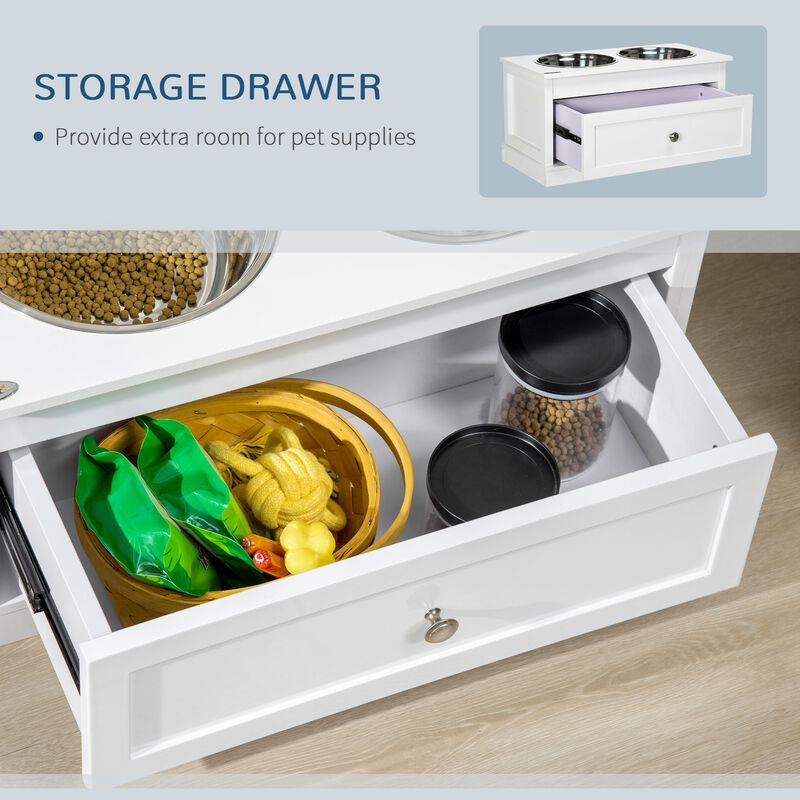 White Dog Feeder: Elevated Bowls with Storage Drawer for Large Dogs