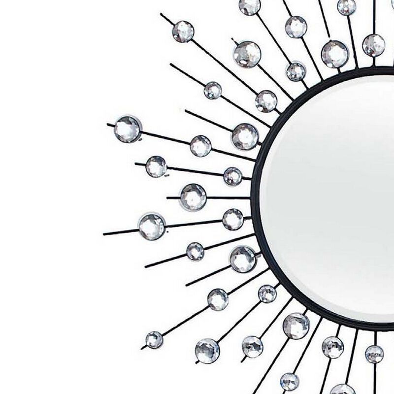 32 Inch Wall Decor, Round Mirror, Sunburst Style, Metal, Black, Silver - Benzara