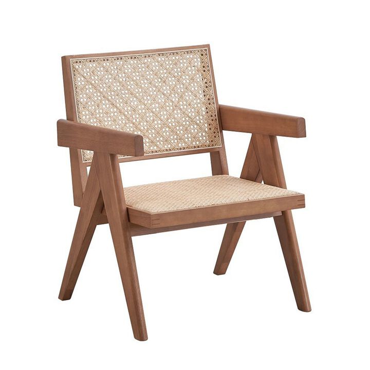 Tina 26 Inch Accent Armchair, Woven Rattan, Natural Brown Wood Finish - Benzara