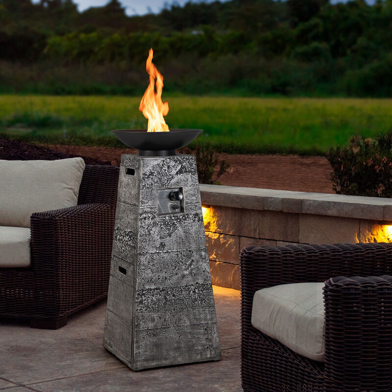 48 Inch Propane Fire Bowl Column with Lava Rocks and PVC Cover-Grey