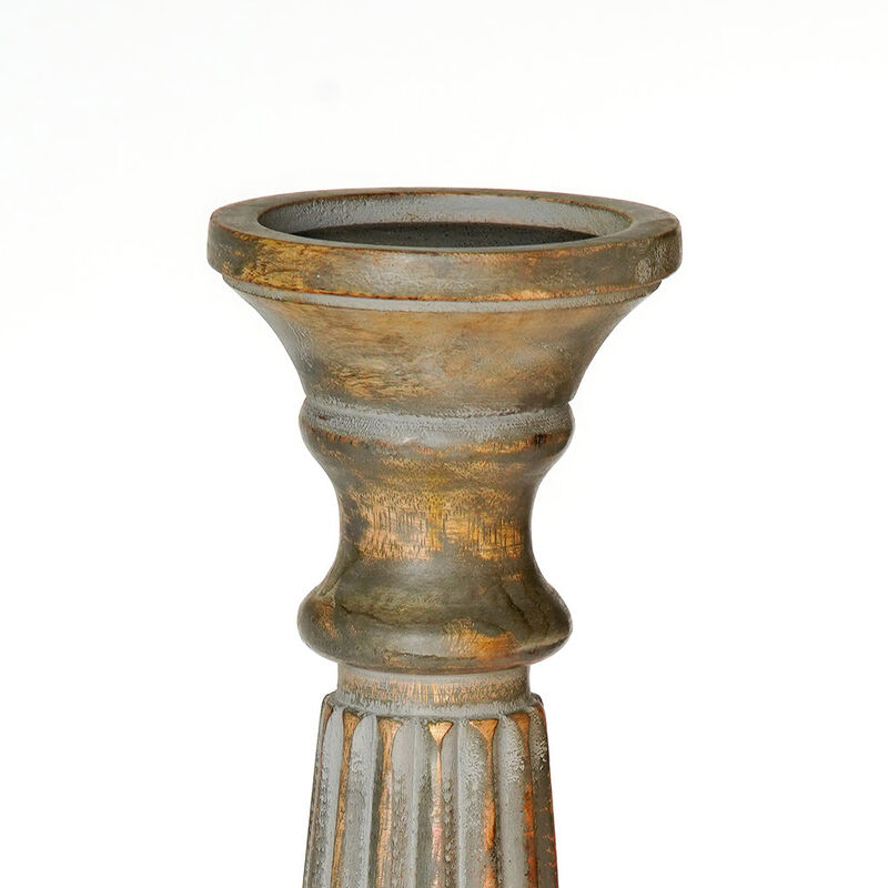 Traditional Gray Wash Eco-friendly Handmade Mango Wood Set Of Two 12" & 15" Pillar Candle Holder