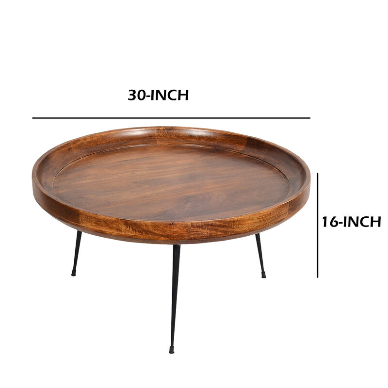 Round Mango Wood Coffee Table With Splayed Metal Legs, Brown and Black-Benzara