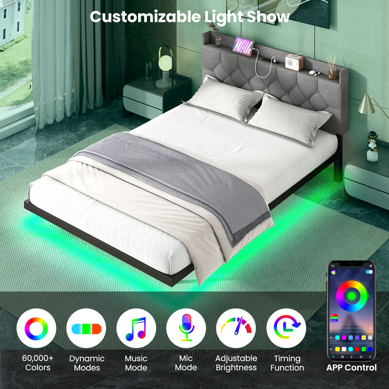 Floating Bed Frame with LED and Headboard and Charging Station