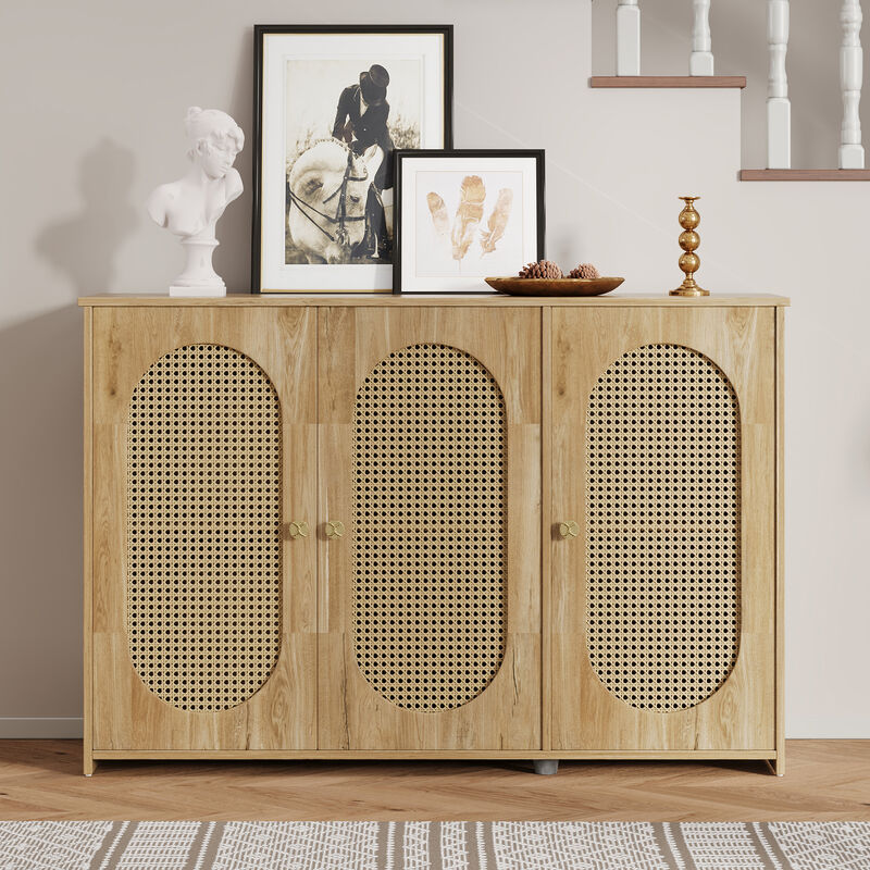Clihome Retro 3-Door Sideboard with Large Storage Space Artificial Rattan Doors and Metal Handles, Accent Cabinet for Living Room and Hallway (Natural Wood)