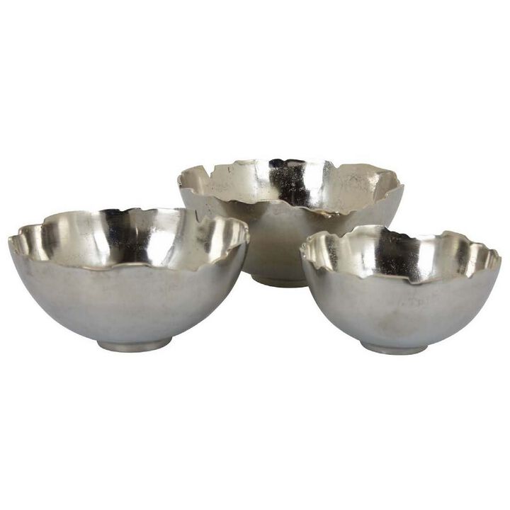 Bonz Set of 3 Bowls, Unique Top Shape, Round Base, Silver Metal Finish - Benzara