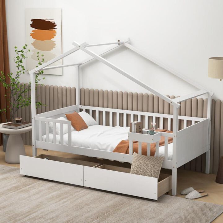 Hivvago Twin House Bed with 2 Storage Drawers and Roof & Fence Rails
