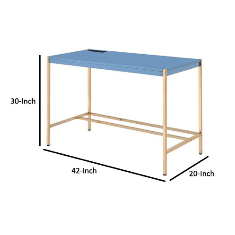 Writing Desk with USB Dock and Metal Legs, Blue and Rose Gold-Benzara