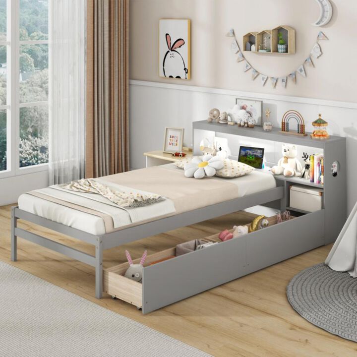 Hivvago Twin Size Bed Frame with LED Light and Bookcase Headboard