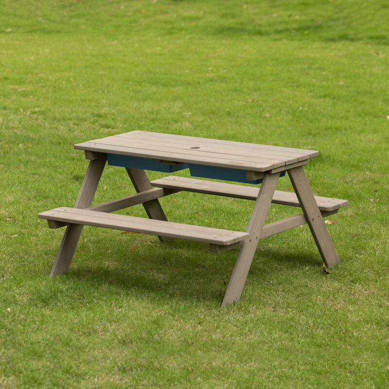 Kids Picnic Play Table, Sandbox Table with Umbrella Hole and 2 Play Boxes with Removable Top, Gray