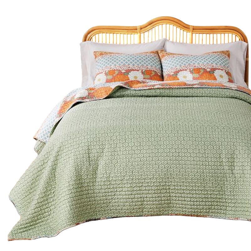Nite 3pc King Quilt Set, Calico Floral Songbird Pattern, Cotton Microfiber