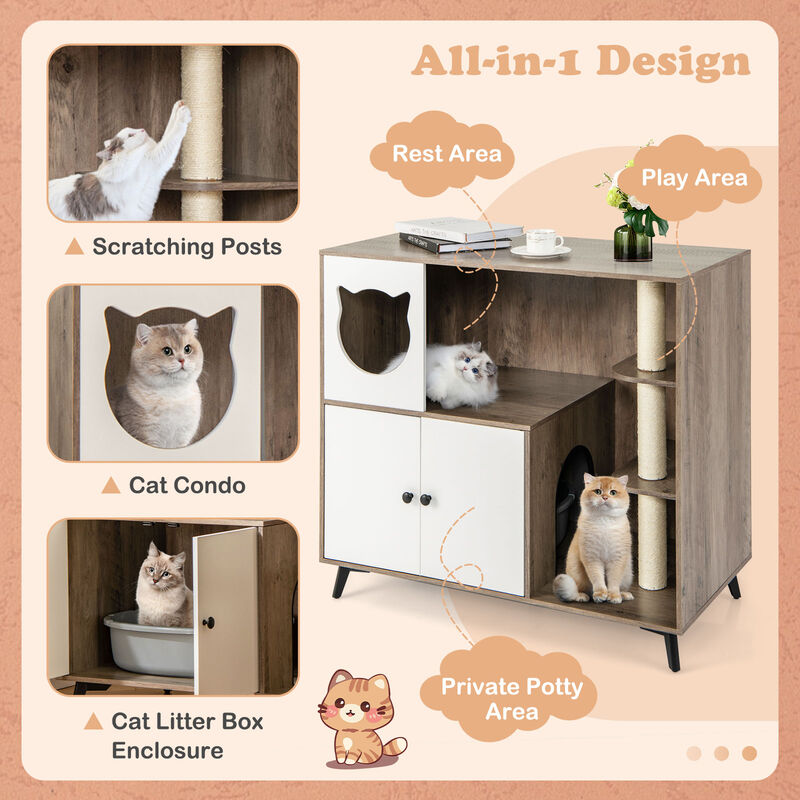 Cat Litter Box Enclosure with 3 Sisal Scratching Posts for Indoor Cats