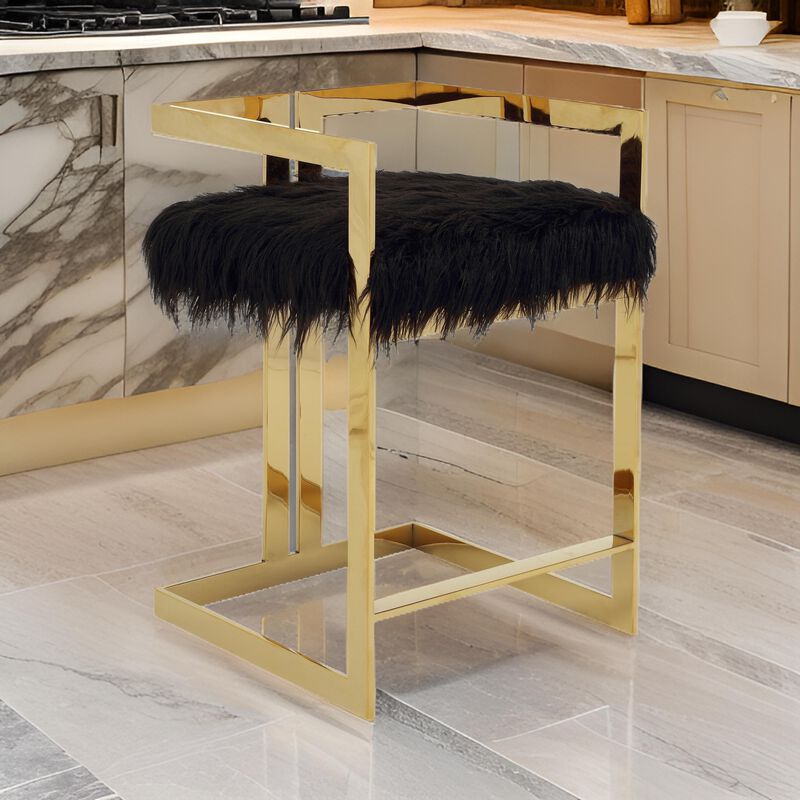 Suki 26 Inch Barstool Chair, Black Faux Fur Seat, Stainless Steel, Gold - Benzara