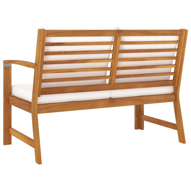 Outdoor Patio Bench, 45 Inch, Solid Brown Acacia Wood, Cream Polyester - Benzara