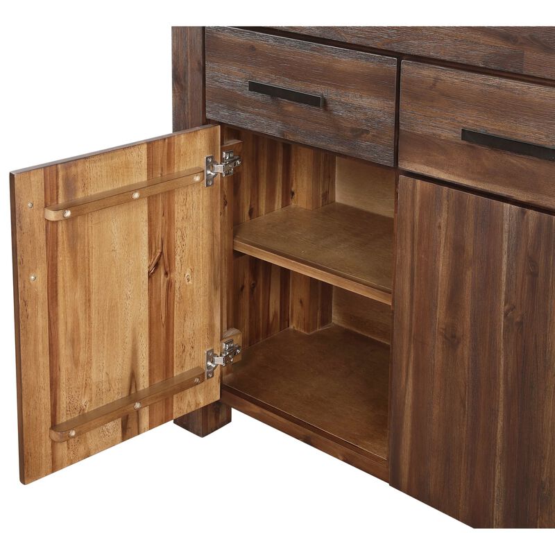 Three Drawers Solid Acacia Wood Sideboard with Three Door Cabinets, Brick Brown - Benzara