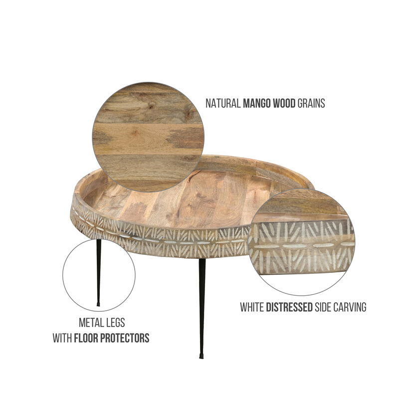 29 Inch Modern Handcrafted Round Coffee Table, Natural Brown Wood Top with Carved Edge, Black Iron Legs-Benzara