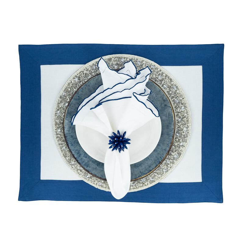 Linen Napkins With Navy Ruffled Hemstitch Edges, Set of 4