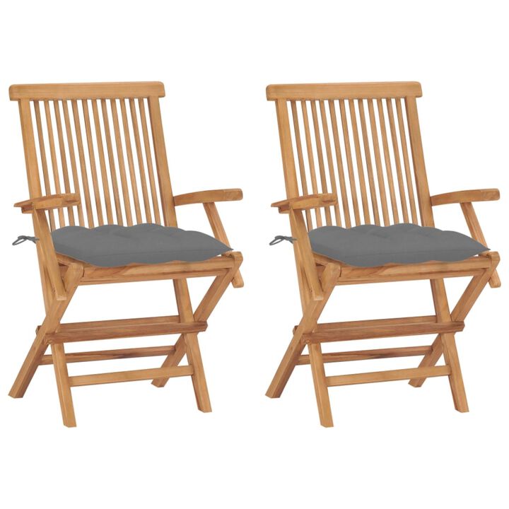 vidaXL Garden Chairs with Gray Cushions 2 pcs Solid Teak Wood