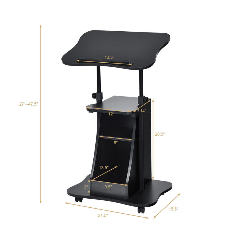 Mobile Podium Stand Height Adjustable Laptop Cart with Tilting Tabletop and Storage Compartments
