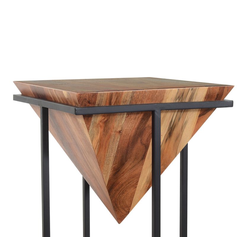 30 Inch Pyramid Shape Wooden Side Table With Cross Metal Base, Brown and Black-Benzara