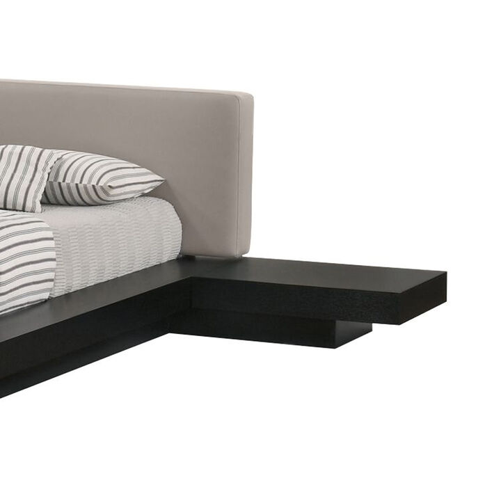 Nia King Platform Bed, Gray Faux Leather Upholstery, Black Nightstands - Benzara