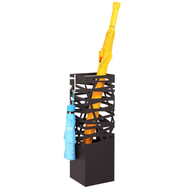 Square Metal Umbrella Stand Rack – Brown Free-Standing Holder for Canes and Walking Sticks with 2 Hooks