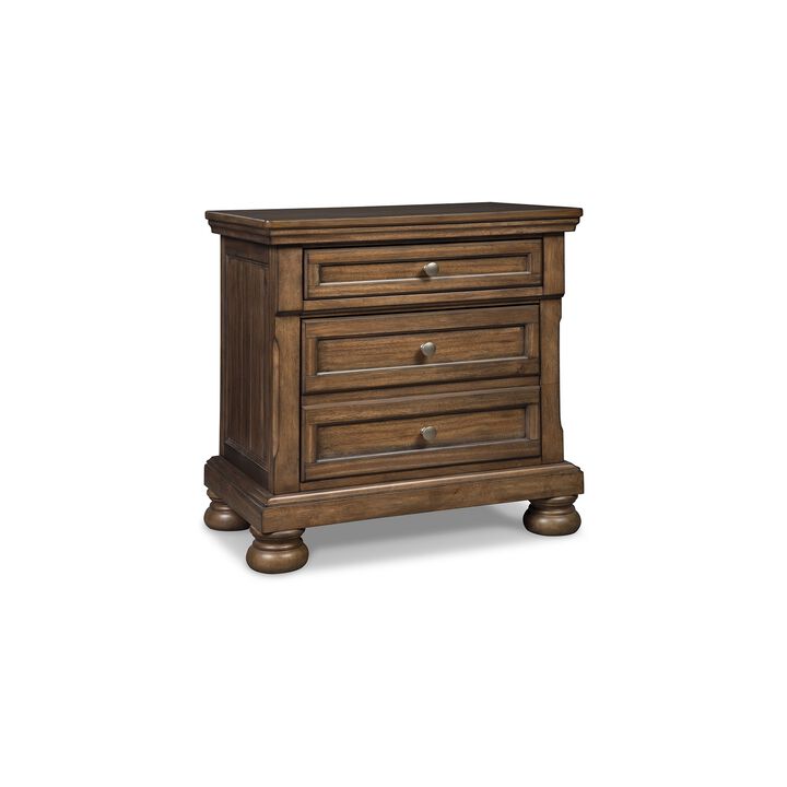 Flynt Nightstand, 2 Drawers, Pull Out Tray, Brass Knobs, Rustic Brown - Benzara