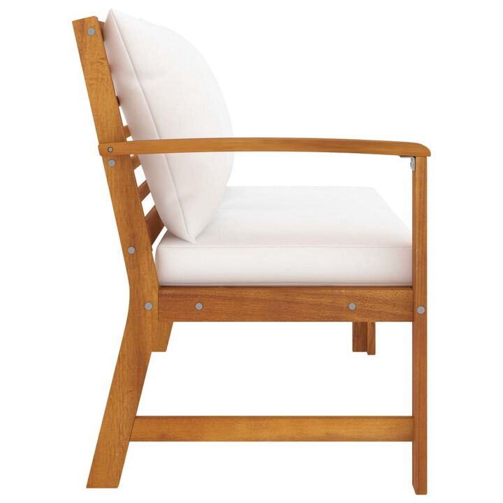 Patio Bench w White Cushions, Slatted Brown Solid Acacia Wood, 45 Inch - Benzara