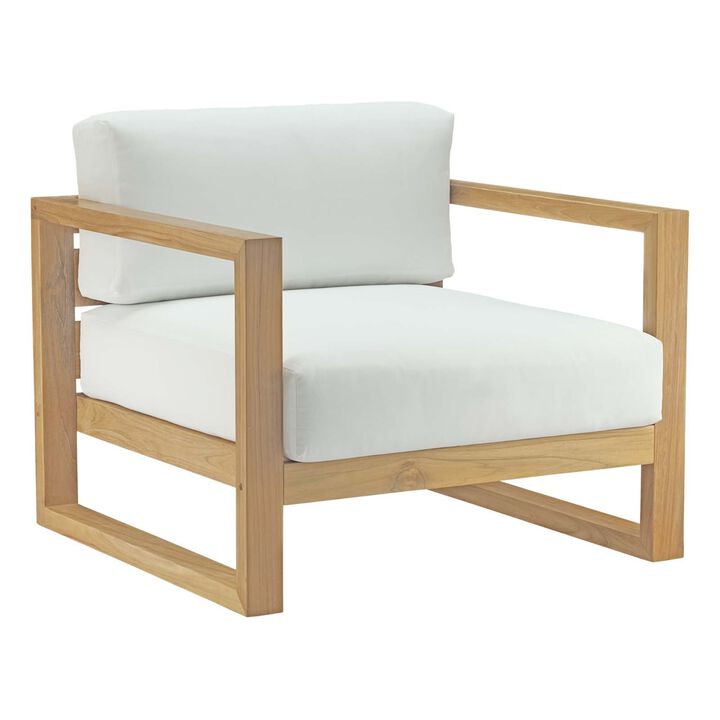 Upland Teak Outdoor Collection - Durable Teak Wood Furniture Set with All-Weather White Cushions. Includes Coffee Table & 2 Armchairs. Ideal for Balcony, Patio, Poolside, and Garden Spaces.
