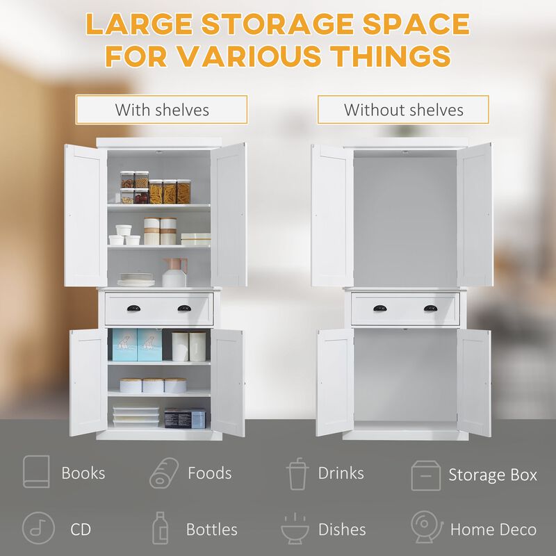 72" White Kitchen Pantry: Freestanding, Shelved Storage