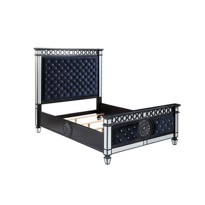 Queen Bed with Button Tufting and Sunburst Motifs, Black - Benzara
