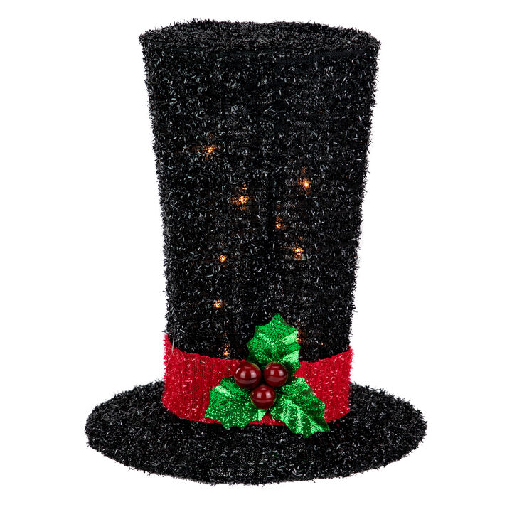 9.25" Lighted Black Tinsel Top Hat Christmas Tree Topper  Clear Lights