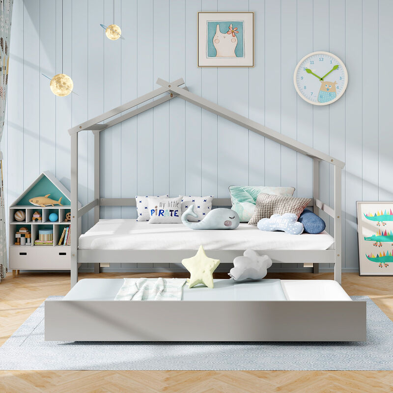 Kids Twin Size House Bed with Trundle and Roof Fun and Functional Sleep Space