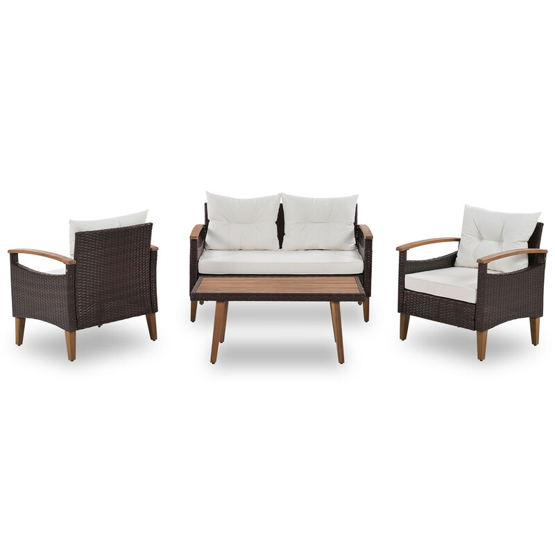 4-Piece Garden Furniture, Patio Seating Set, PE Rattan Outdoor Sofa Set, Wood Table And Legs