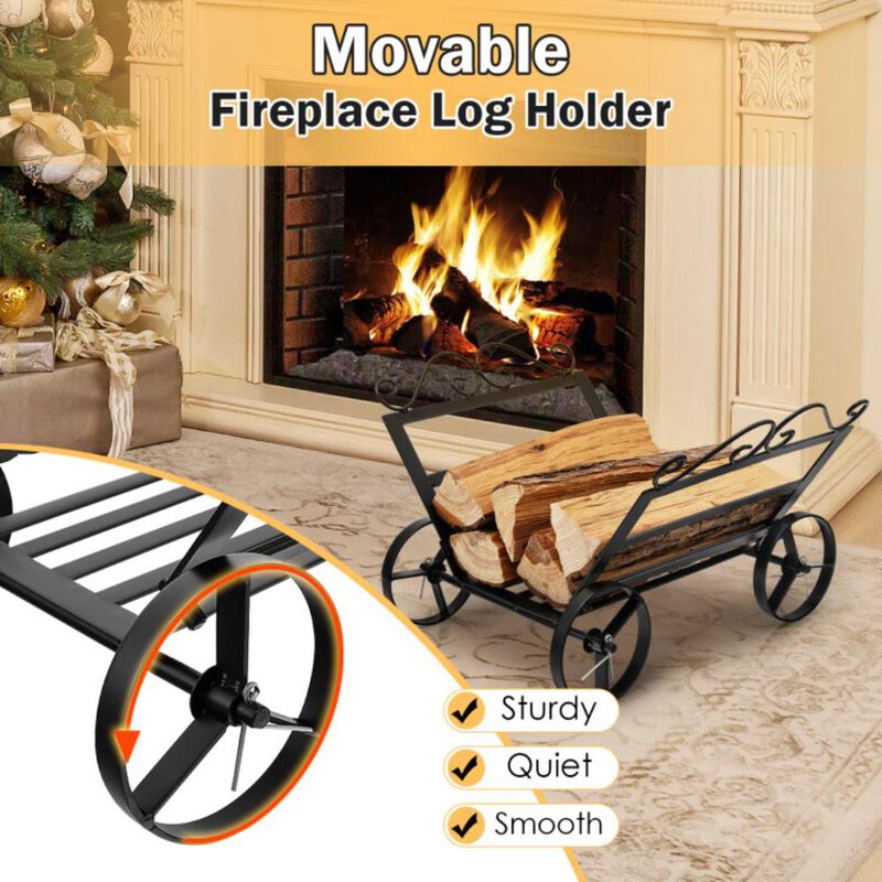 Hivvago Firewood Rack Decorative Rustproof Steel Fireplace Log Holder with Wheels