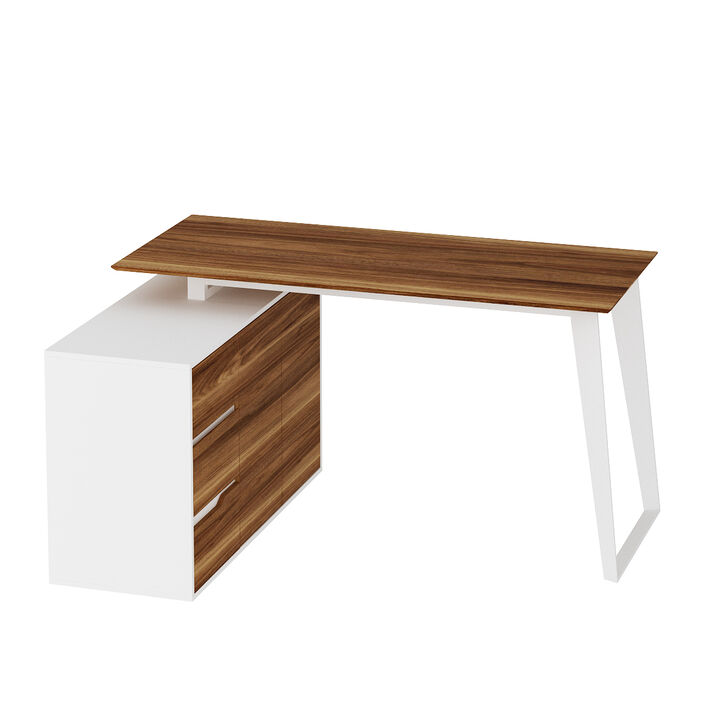 54.3 in. Reversible L-Shaped White Wood Writing Desk Office Workstation With Adjustable Shelves, Drawers, Doors Cabinet