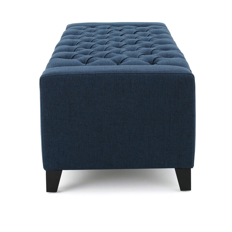 Storage Ottoman Bench, 51 Inch, Deep Button Tufted Dark Blue Fabric - Benzara