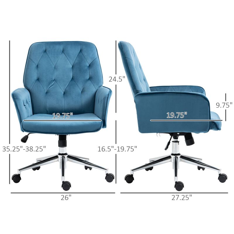 Blue Task Chair: Modern Mid-Back Tufted Linen Fabric Office Chair