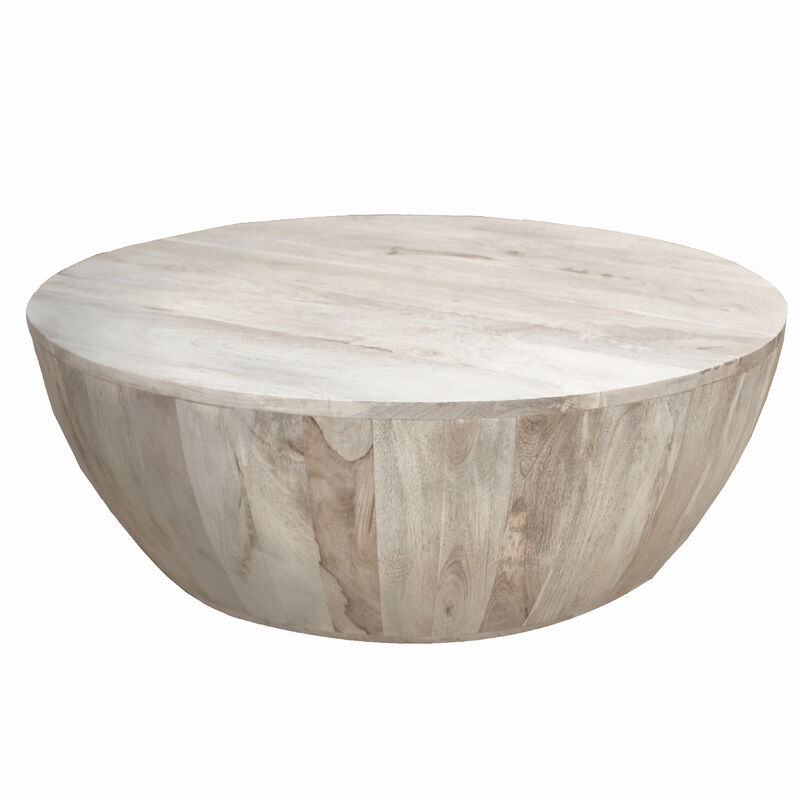 Arthur 35.5 Inch Round Mango Wood Coffee Table, Subtle Grains, Distressed White - Benzara