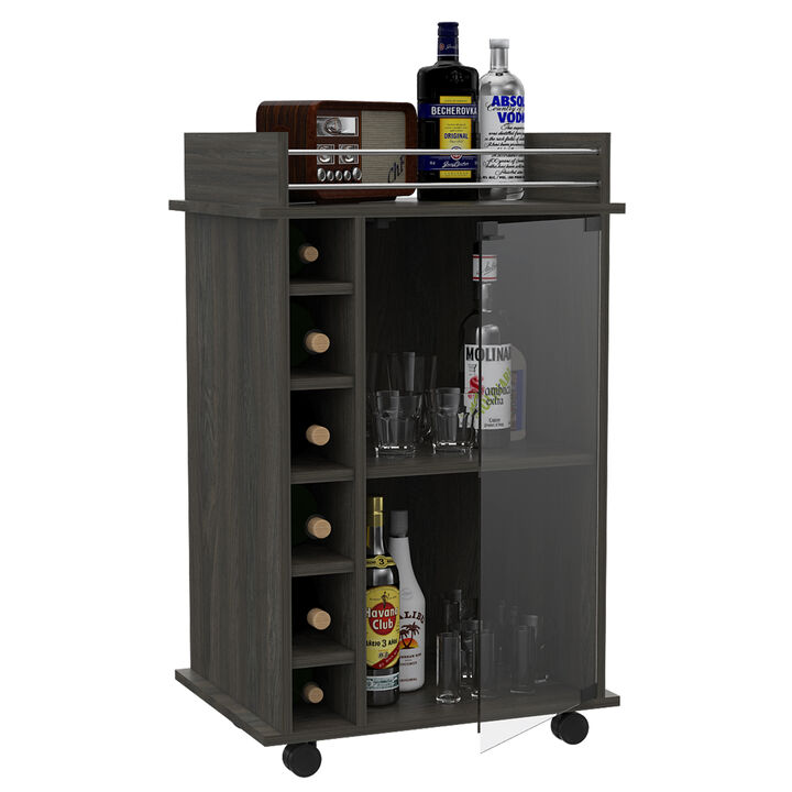 DEPOT E-SHOP Huali Bar Cart, Six Built-in Wine Rack, Glass Door, Four Casters, Two Shelves, Carbon Espresso