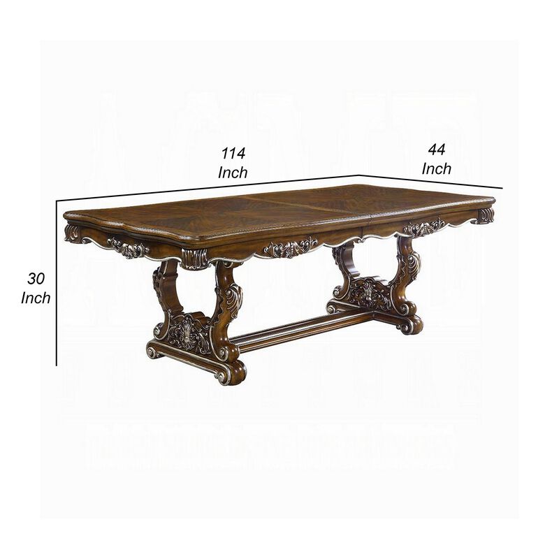 Maver Dining Table, Carved Silver Trim 90-114 Inch Classic Antique Oak - Benzara