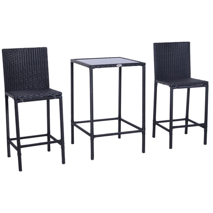 3pc Rattan Bar Dining Chair Glass Table Set Bistro Barstool Furniture