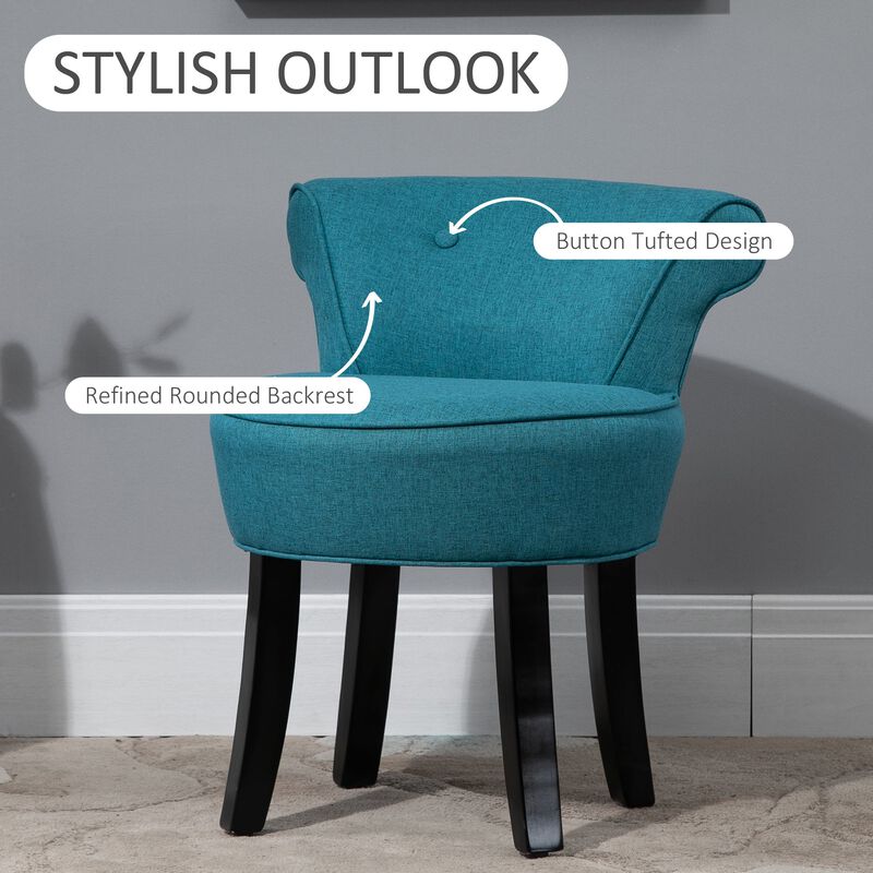 Blue Vanity Seat: Upholstered Linen Chair with Rubberwood Legs
