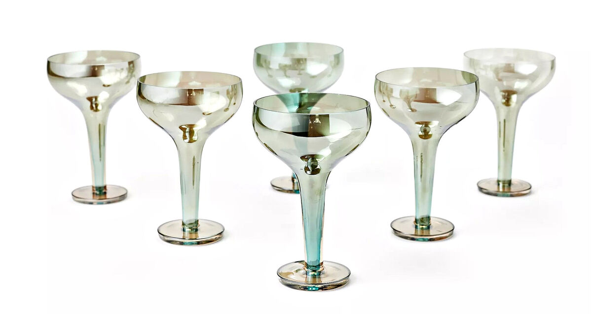 Blue Rose Polish Pottery Amber Iridescent/Luster Grey Champagne Coupe - Set of 6