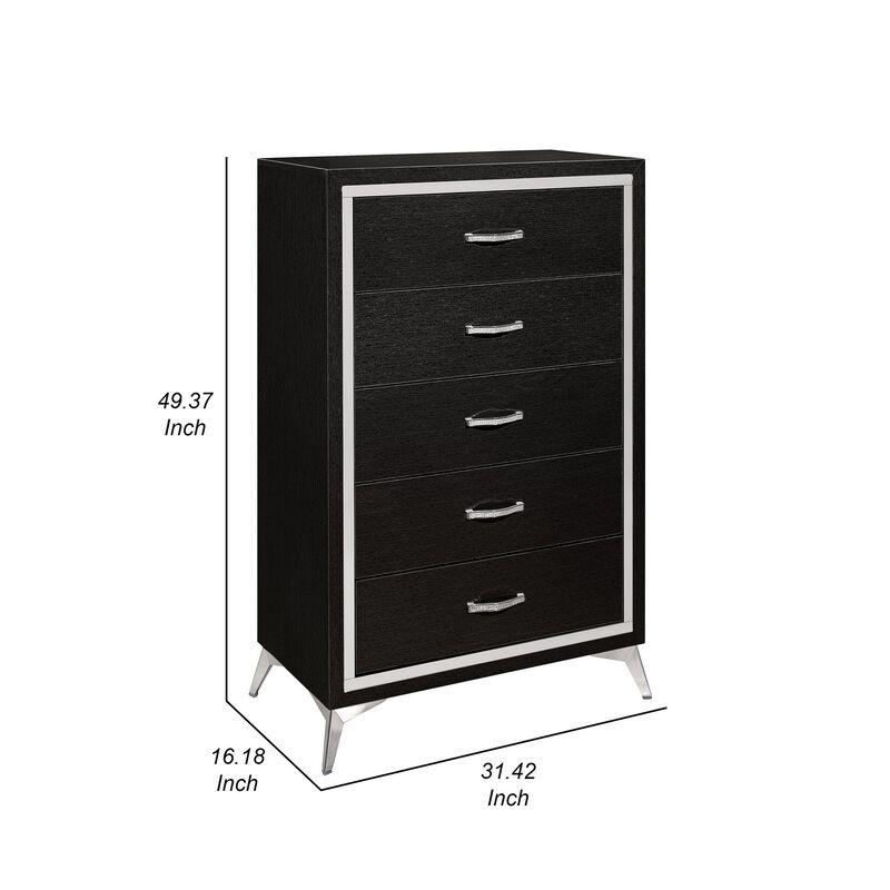 Sami 49 Inch Tall Dresser, 5 Drawers, Mirror Trim, Embossed Texture, Black - Benzara