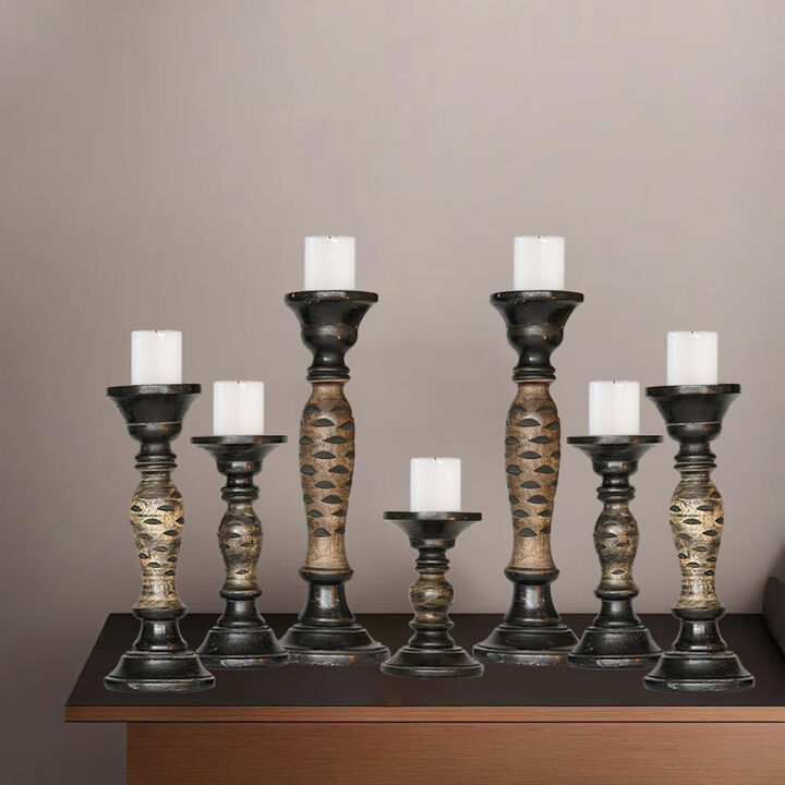 Traditional Dark Polish Eco-friendly Handmade Mango Wood Set Of Seven 15",12",9",6",9",12" & 15" Pillar Candle Holder BBH Homes