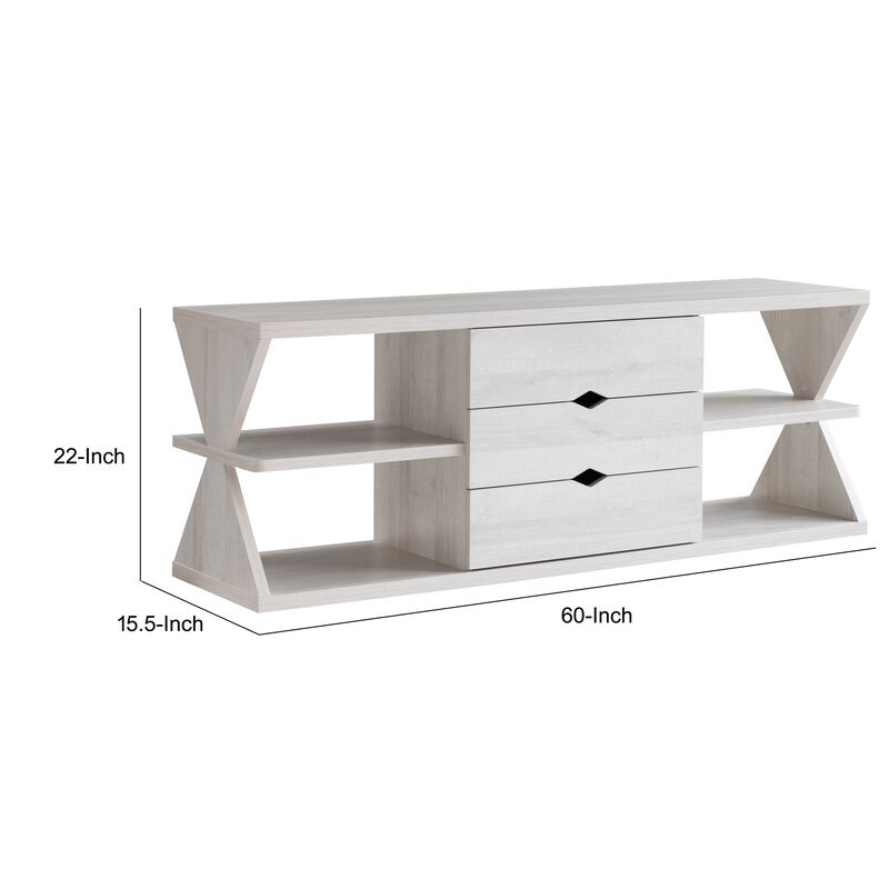 60 Inch TV Media Entertainment Console with 4 Shelves, 3 Drawers, Oak White-Benzara