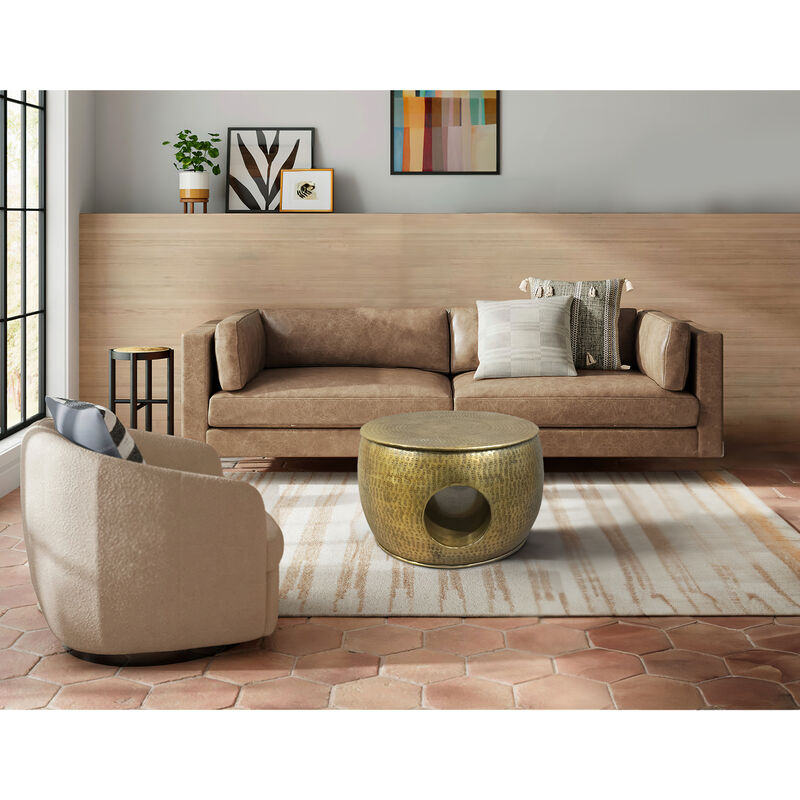 Nala 23 Inch Coffee Table, Low Round Drum Shape with Unique Hollow Center, Antique Brass Aluminum - Benzara