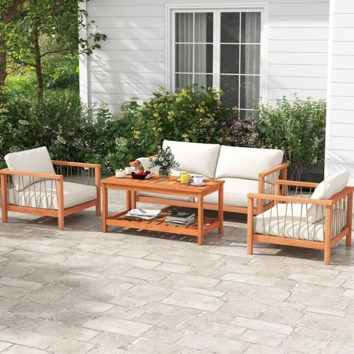 Hivvago 2-Tier Patio Coffee Table with Slatted Tabletop and Shelf